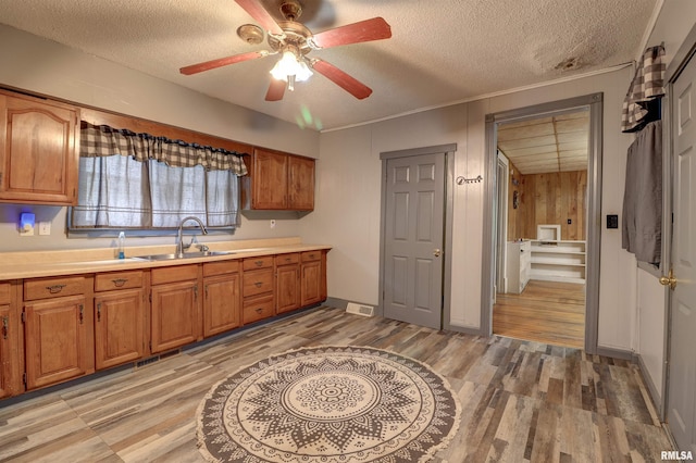 627 5th Ave S, Clinton, IA 52732 - kitchen featuring a sink, light wood-type flooring, a textured ceiling, a ceiling fan, and brown cabinets