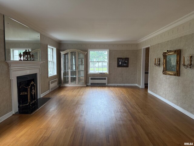 215 3rd St, Carmi, IL 62821 - unfurnished living room featuring ornamental molding, wood finished floors, a fireplace with raised hearth, radiator, and baseboards