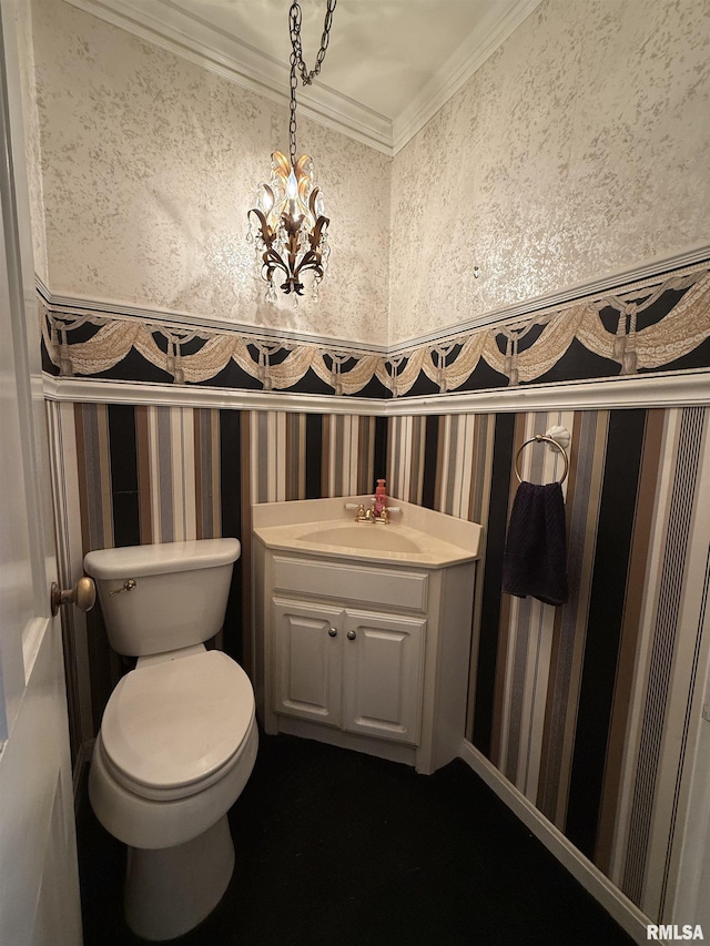 215 3rd St, Carmi, IL 62821 - bathroom featuring crown molding, wallpapered walls, toilet, vanity, and a chandelier