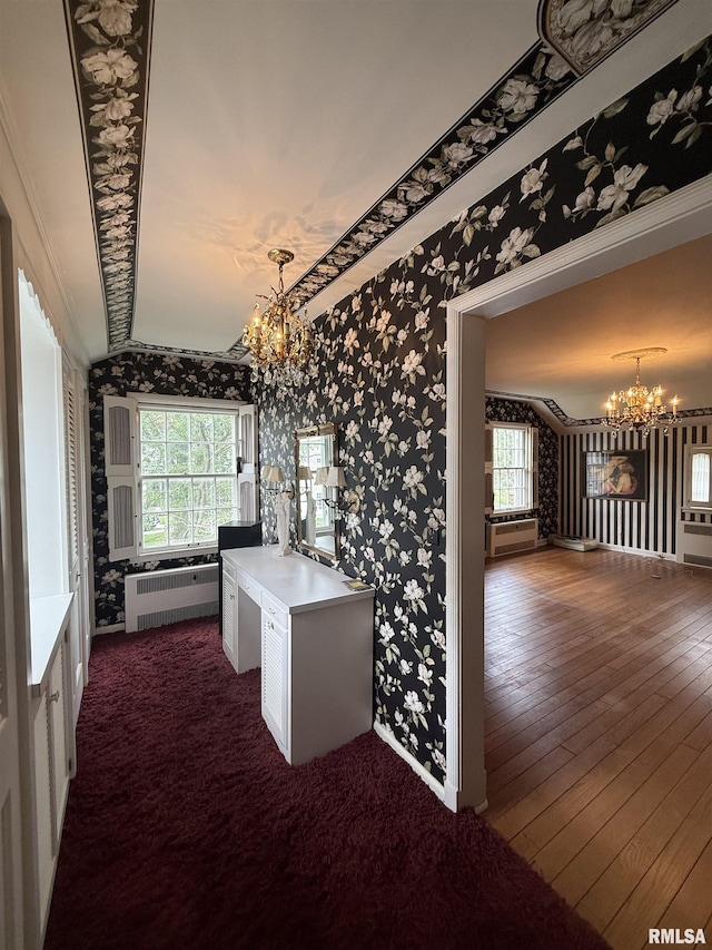 215 3rd St, Carmi, IL 62821 - kitchen with a chandelier, wallpapered walls, healthy amount of natural light, radiator heating unit, and baseboards