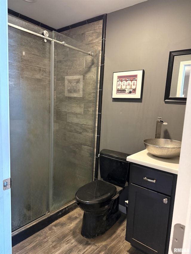 215 3rd St, Carmi, IL 62821 - bathroom featuring vanity, wood finished floors, toilet, and a shower stall