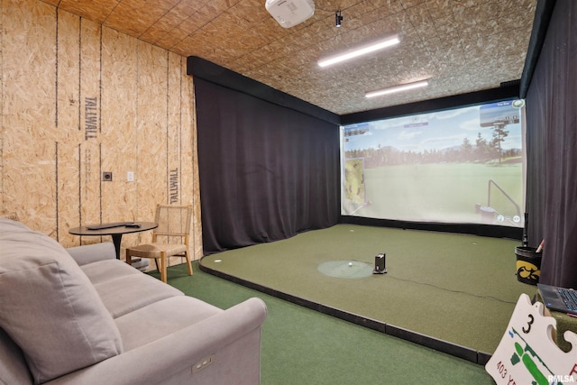 4691 Hidden Lake Ct, Bettendorf, IA 52722 - rec room with golf simulator, carpet, an ornate ceiling, and wood walls