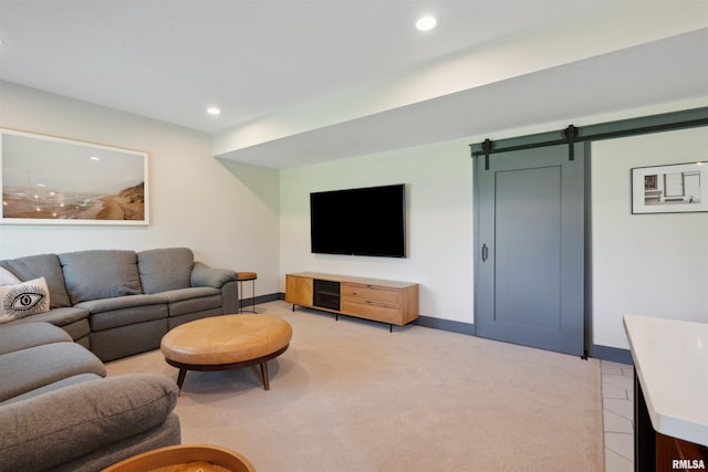 4691 Hidden Lake Ct, Bettendorf, IA 52722 - living area with baseboards, a barn door, recessed lighting, and light colored carpet