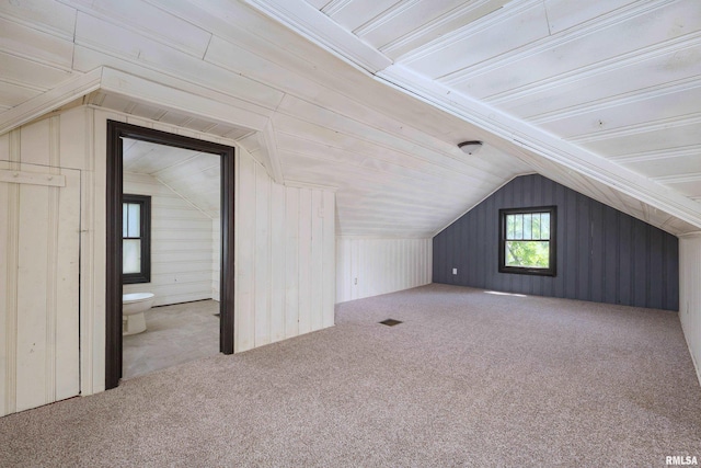 1522 Bridge Ave, Davenport, IA 52803 - additional living space featuring carpet floors, vaulted ceiling, and wood walls