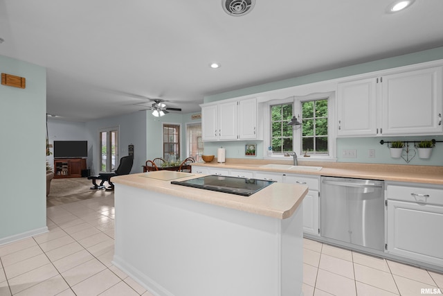 3513 33rd Street Ct, Moline, IL 61265 - kitchen with dishwasher, a sink, black electric cooktop, light tile patterned floors, and recessed lighting