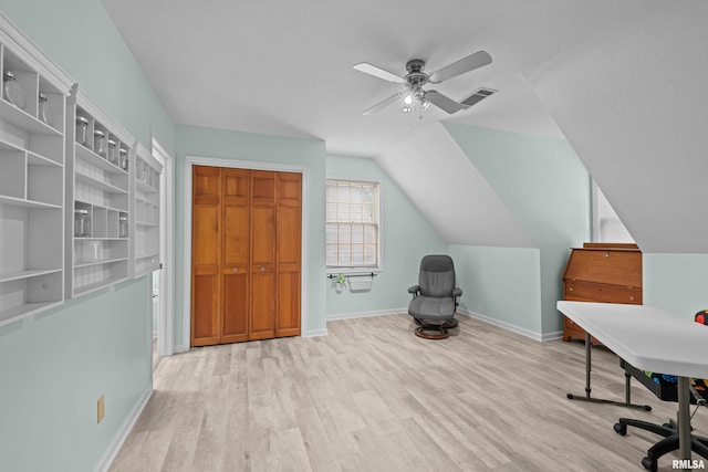 3513 33rd Street Ct, Moline, IL 61265 - home office featuring wood finished floors, ceiling fan, baseboards, and lofted ceiling