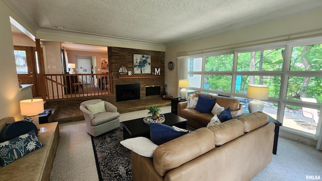 2606 4th Street Ct, East Moline, IL 61244 - living room with a textured ceiling, crown molding, and a fireplace with raised hearth