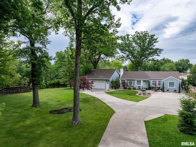 1872 19th Ave, Moline, IL 61265 - ranch-style home with a front yard, driveway, a chimney, and a garage