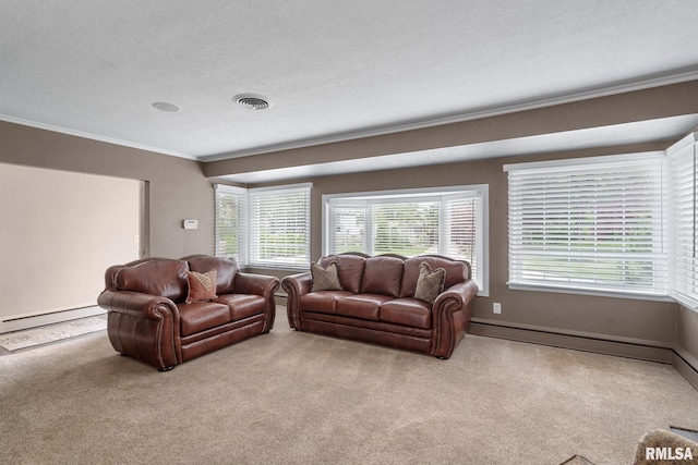 1872 19th Ave, Moline, IL 61265 - carpeted living area with ornamental molding, baseboard heating, healthy amount of natural light, a textured ceiling, and a baseboard radiator