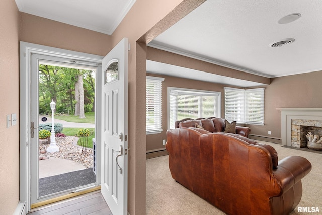 1872 19th Ave, Moline, IL 61265 - foyer entrance featuring baseboard heating, crown molding, healthy amount of natural light, and a fireplace