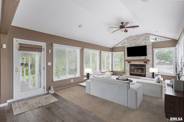 1872 19th Ave, Moline, IL 61265 - living area with lofted ceiling, wood-type flooring, a ceiling fan, and a fireplace