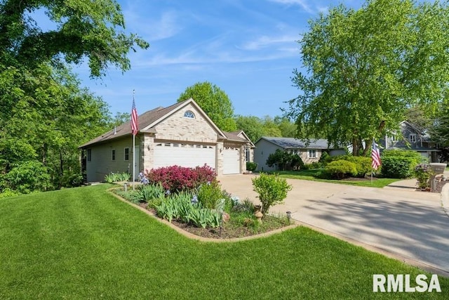 461 45th Ave, East Moline, IL 61244 - view of front of house with stone siding, concrete driveway, a front yard, and a garage