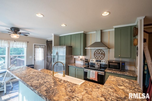 11271 W Center Rd, Mulkeytown, IL 62865 - kitchen with green cabinetry, wall chimney range hood, stainless steel appliances, a sink, and crown molding