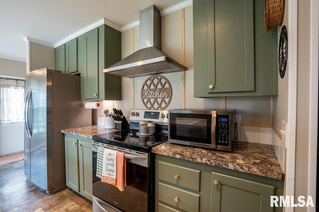 11271 W Center Rd, Mulkeytown, IL 62865 - kitchen with green cabinetry, appliances with stainless steel finishes, wall chimney exhaust hood, and ornamental molding