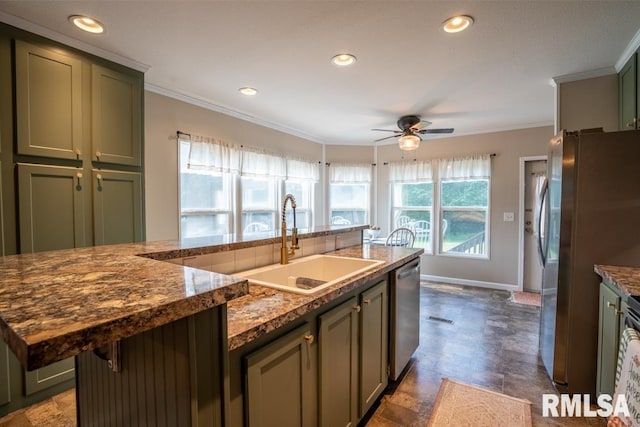 11271 W Center Rd, Mulkeytown, IL 62865 - kitchen with appliances with stainless steel finishes, a sink, ornamental molding, ceiling fan, and baseboards