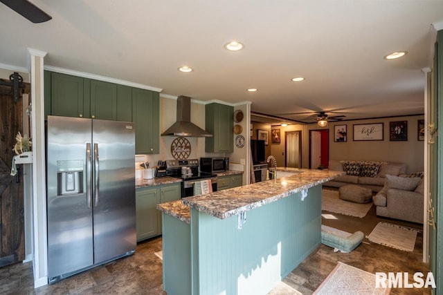 11271 W Center Rd, Mulkeytown, IL 62865 - kitchen featuring stainless steel appliances, wall chimney exhaust hood, green cabinets, ceiling fan, and light stone countertops