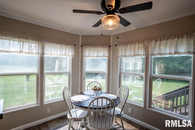 11271 W Center Rd, Mulkeytown, IL 62865 - dining space with baseboards, ornamental molding, and a ceiling fan