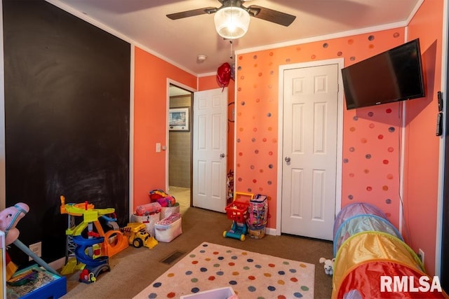 11271 W Center Rd, Mulkeytown, IL 62865 - recreation room featuring a ceiling fan, crown molding, and carpet