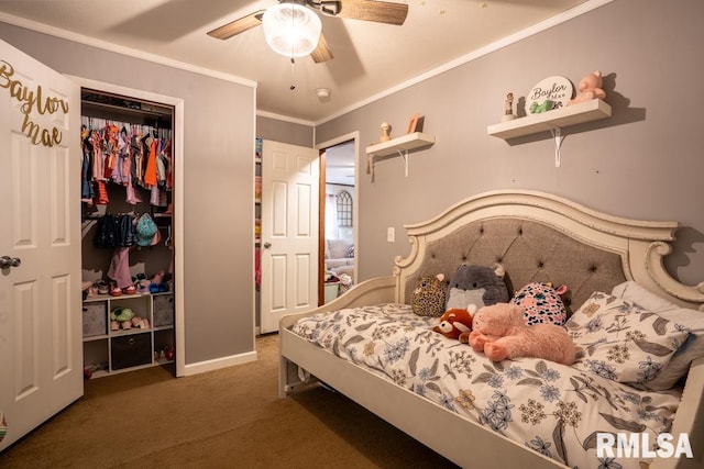 11271 W Center Rd, Mulkeytown, IL 62865 - bedroom with carpet, ornamental molding, a closet, baseboards, and a ceiling fan