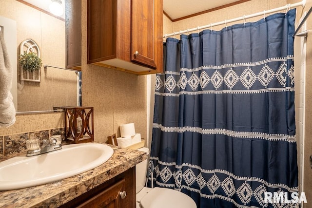 11271 W Center Rd, Mulkeytown, IL 62865 - bathroom with vanity, ornamental molding, toilet, and a shower with curtain