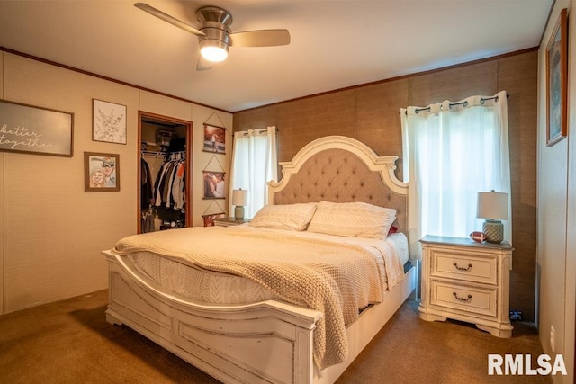 11271 W Center Rd, Mulkeytown, IL 62865 - bedroom with dark colored carpet, a closet, crown molding, a ceiling fan, and a walk in closet