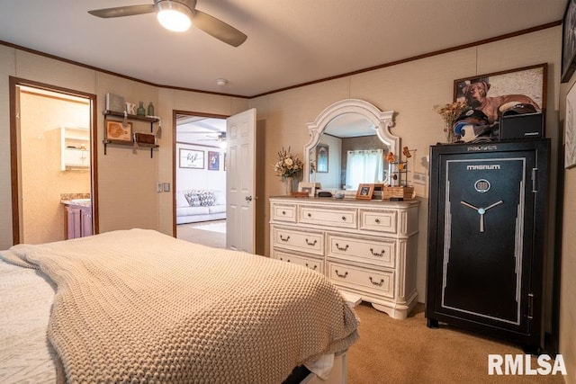 11271 W Center Rd, Mulkeytown, IL 62865 - bedroom featuring carpet floors, crown molding, ensuite bath, and ceiling fan