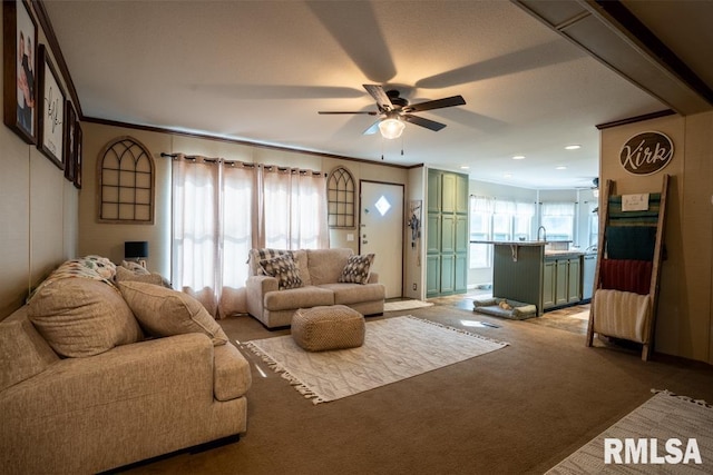 11271 W Center Rd, Mulkeytown, IL 62865 - living area with ceiling fan, light colored carpet, recessed lighting, and ornamental molding