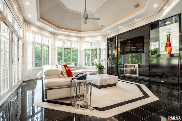 2 Hickory Ct, Rock Island, IL 61201 - living area with a ceiling fan, a raised ceiling, granite floors, and ornamental molding
