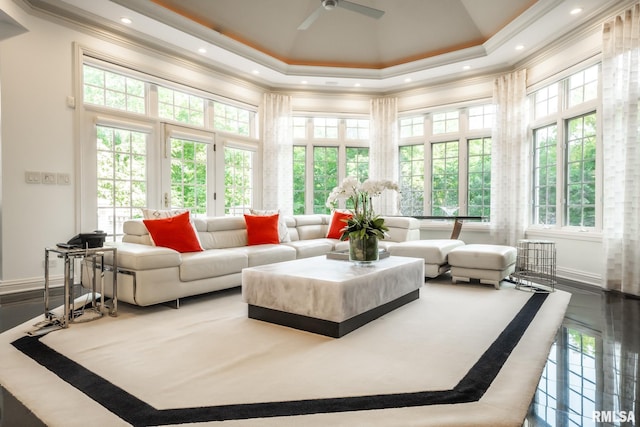 2 Hickory Ct, Rock Island, IL 61201 - living area with ornamental molding, plenty of natural light, a towering ceiling, a tray ceiling, and recessed lighting