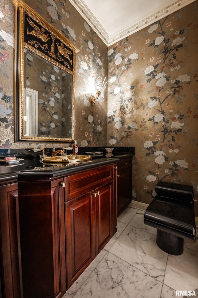 2 Hickory Ct, Rock Island, IL 61201 - bathroom with wallpapered walls, vanity, ornamental molding, marble finish flooring, and baseboards