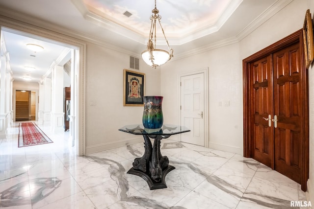 2 Hickory Ct, Rock Island, IL 61201 - corridor featuring ornamental molding, light marble finish flooring, and a raised ceiling