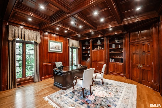 2 Hickory Ct, Rock Island, IL 61201 - home office featuring wooden ceiling with exposed beams, built in shelves, light wood-type flooring, crown molding, and wooden walls