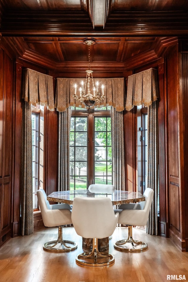 2 Hickory Ct, Rock Island, IL 61201 - dining area featuring wood ceiling with exposed beams, a chandelier, wooden walls, coffered ceiling, and wood finished floors