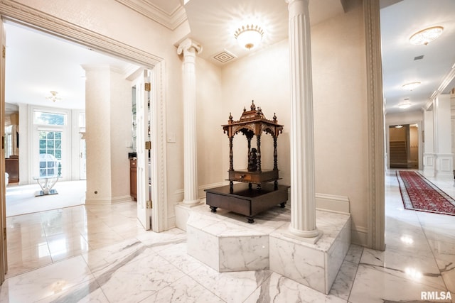 2 Hickory Ct, Rock Island, IL 61201 - corridor with decorative columns, light marble finish floors, crown molding, and baseboards