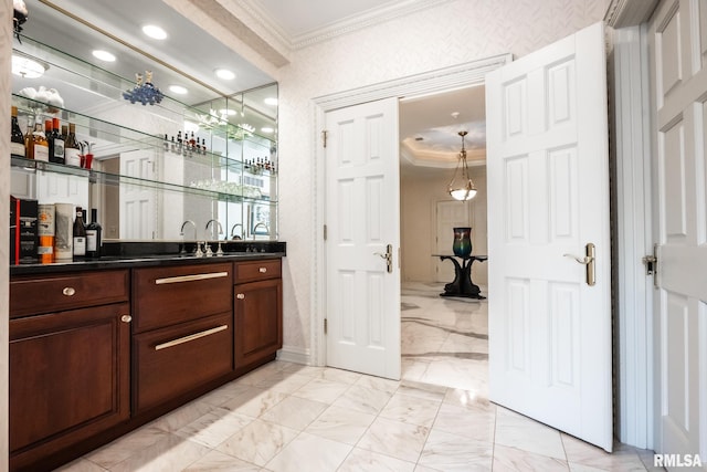 2 Hickory Ct, Rock Island, IL 61201 - indoor wet bar with ornamental molding, a tray ceiling, light marble finish floors, and recessed lighting