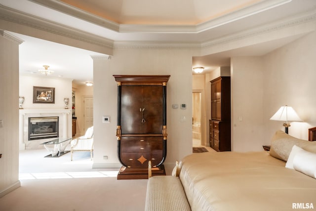 2 Hickory Ct, Rock Island, IL 61201 - bedroom with crown molding, a premium fireplace, carpet, ensuite bath, and baseboards