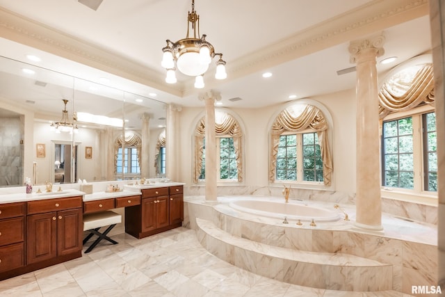 2 Hickory Ct, Rock Island, IL 61201 - full bath featuring vanity, decorative columns, a garden tub, recessed lighting, and a chandelier