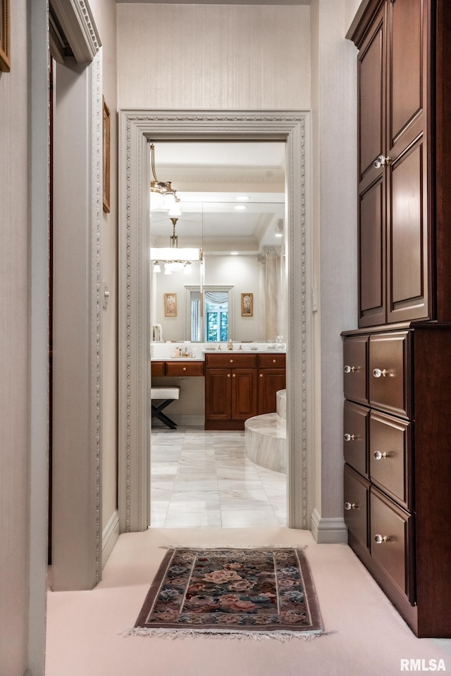 2 Hickory Ct, Rock Island, IL 61201 - bathroom with vanity, baseboards, and crown molding
