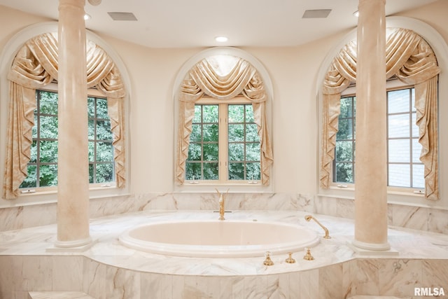 2 Hickory Ct, Rock Island, IL 61201 - bathroom featuring a bath, ornate columns, and recessed lighting