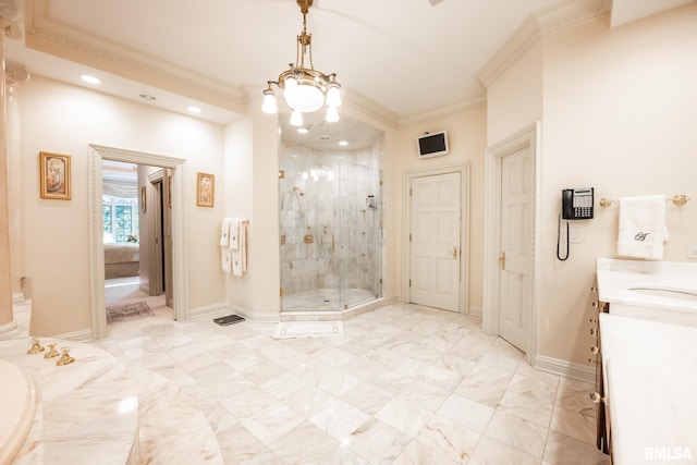2 Hickory Ct, Rock Island, IL 61201 - bathroom featuring a stall shower, vanity, marble finish floors, baseboards, and ornamental molding