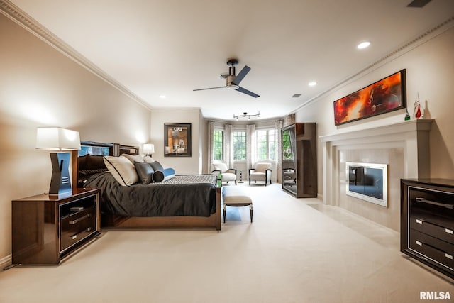 2 Hickory Ct, Rock Island, IL 61201 - bedroom featuring ornamental molding, a fireplace with flush hearth, recessed lighting, and a ceiling fan
