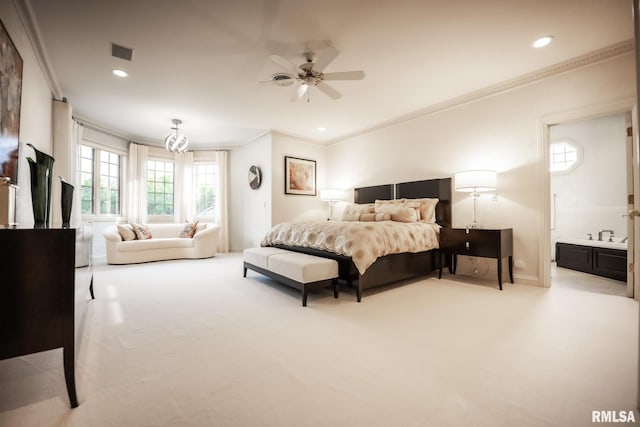 2 Hickory Ct, Rock Island, IL 61201 - carpeted bedroom featuring crown molding, recessed lighting, baseboards, and ensuite bathroom