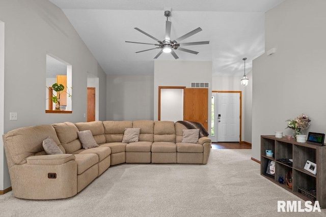 5300 Hillandale Rd, Davenport, IA 52806 - carpeted living area featuring vaulted ceiling and a ceiling fan