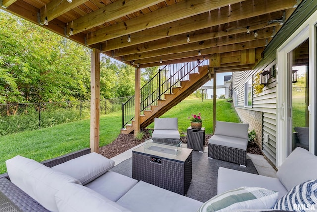 701 Sweet Wood Ln, Blue Grass, IA 52726 - fenced backyard featuring stairs, outdoor lounge area, and a patio area