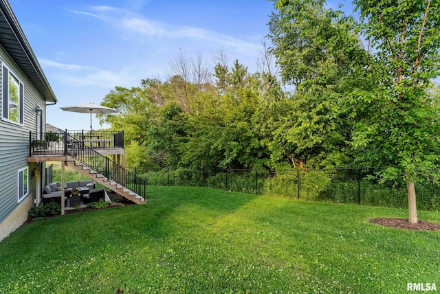 701 Sweet Wood Ln, Blue Grass, IA 52726 - view of yard featuring stairway, a wooden deck, and an outdoor living space