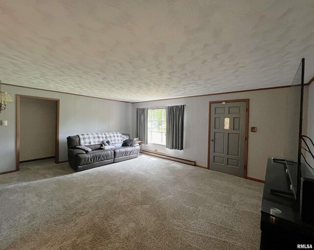1210 Peterson Ave, Johnston City, IL 62951 - carpeted living area with baseboard heating, a textured ceiling, and a chandelier