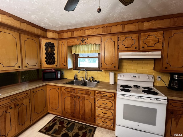 1210 Peterson Ave, Johnston City, IL 62951 - kitchen with electric stove, under cabinet range hood, a sink, black microwave, and brown cabinetry