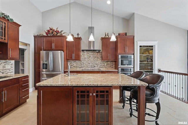 7 Redstone Ct, Le Claire, IA 52753 - kitchen featuring range hood, stainless steel appliances, a sink, backsplash, and high vaulted ceiling