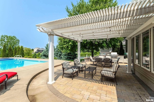 7 Redstone Ct, Le Claire, IA 52753 - view of patio / terrace with a pergola, outdoor dining area, an outdoor pool, and grilling area