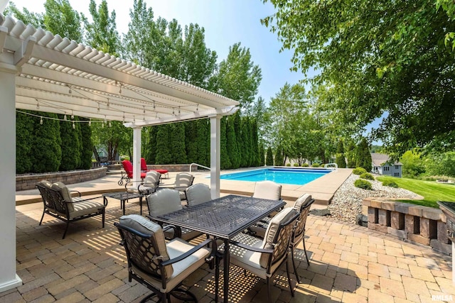7 Redstone Ct, Le Claire, IA 52753 - outdoor pool featuring a pergola, a patio area, outdoor dining space, and view of scattered trees